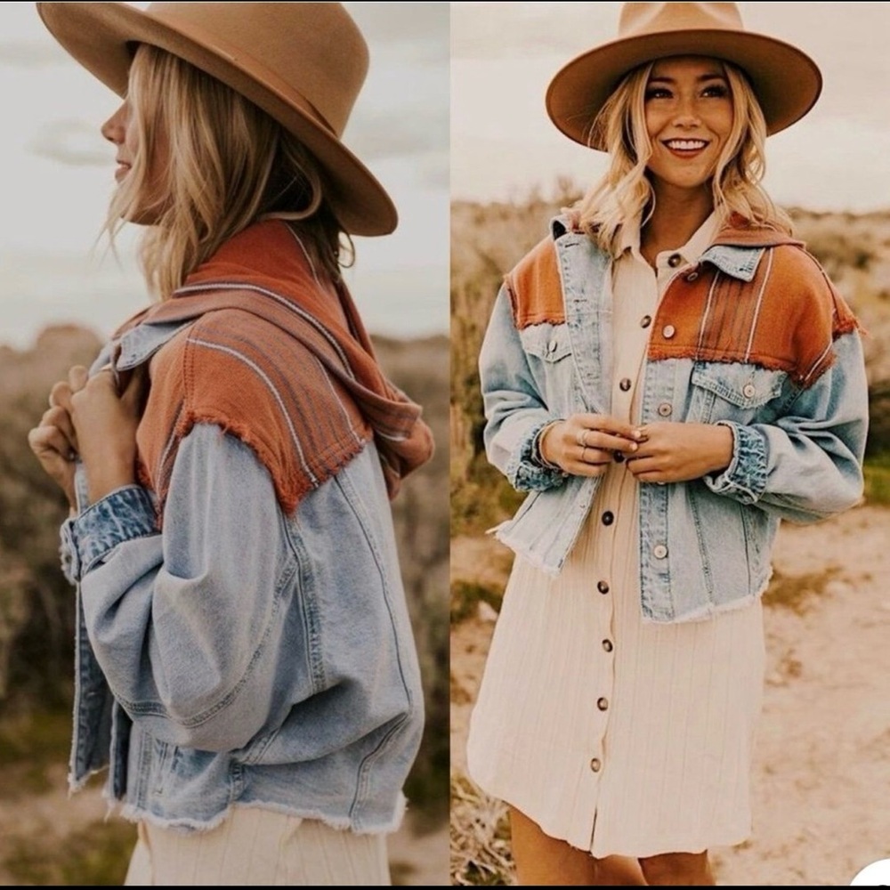 Free People Hooded Baja Jacket Denim and Rust